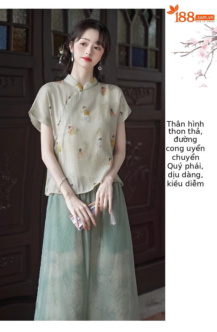 Áo sơ mi in hoa cổ điển kiểu Trung Quốc mùa hè, cổ đứng, tay ngắn, phong cách quốc phong — Áo chi tiết 15