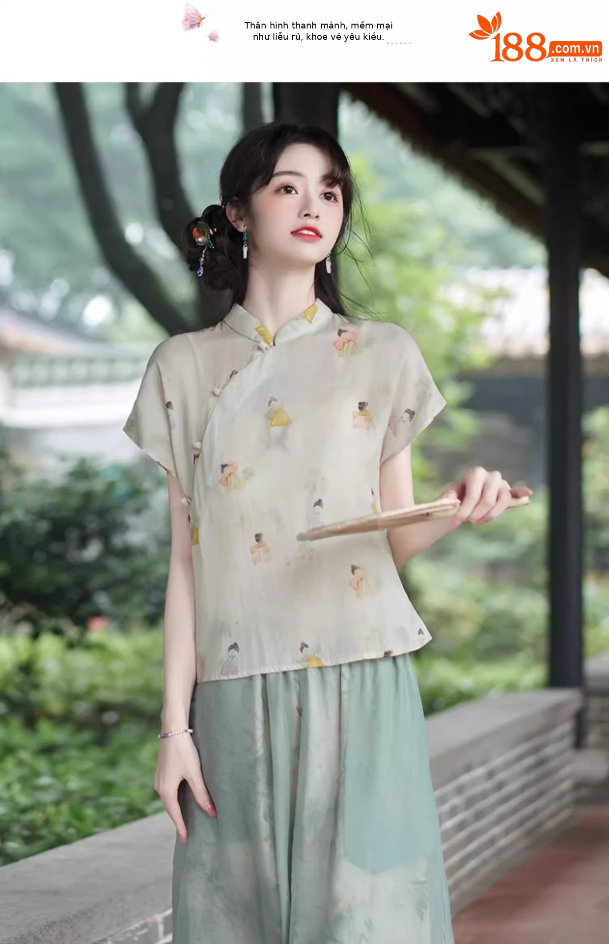 Áo sơ mi in hoa cổ điển kiểu Trung Quốc mùa hè, cổ đứng, tay ngắn, phong cách quốc phong — Áo chi tiết 17