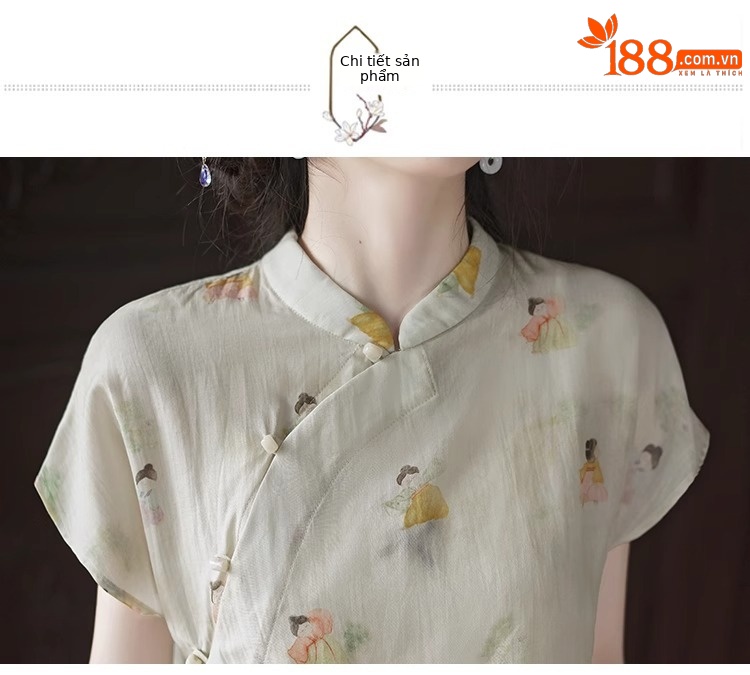 Áo sơ mi in hoa cổ điển kiểu Trung Quốc mùa hè, cổ đứng, tay ngắn, phong cách quốc phong — Áo chi tiết 23
