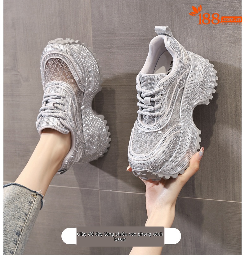 Giày sneaker nữ đế dày lưới thoáng khí đính đá full kim cương — Màu đen chi tiết 1