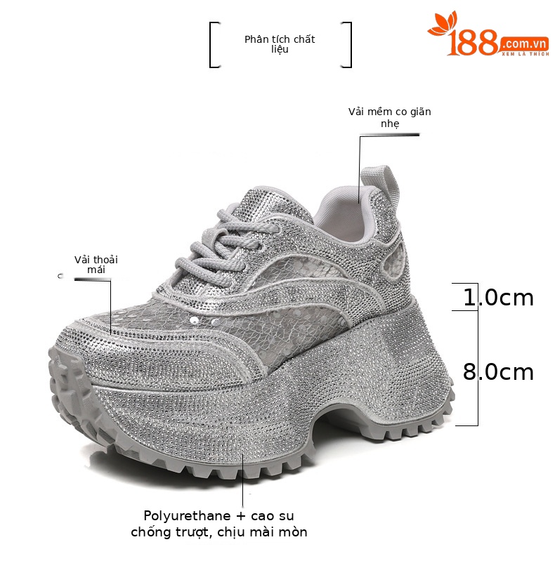 Giày sneaker nữ đế dày lưới thoáng khí đính đá full kim cương — Màu đen chi tiết 2