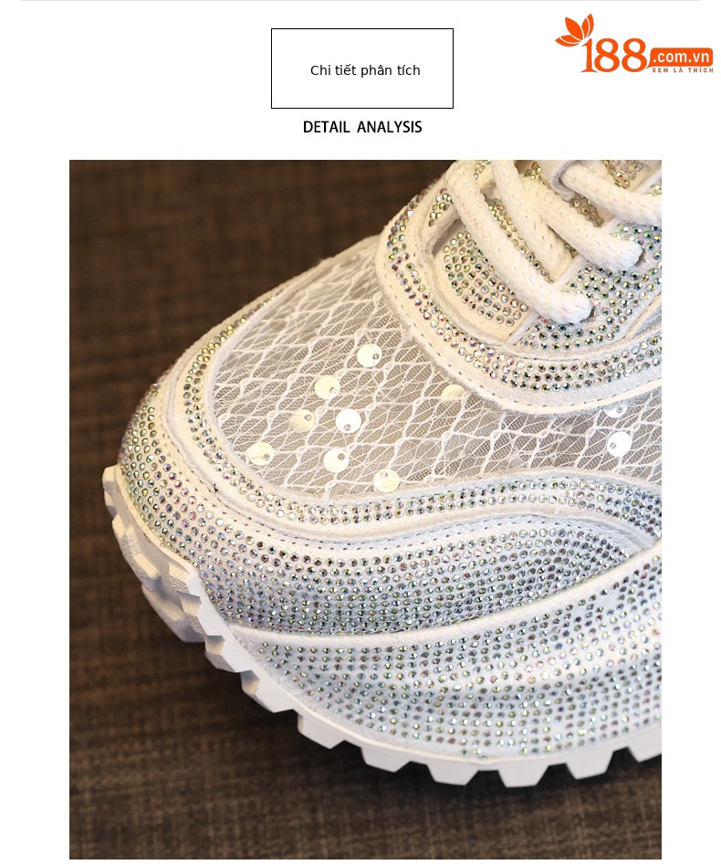 Giày sneaker nữ đế dày lưới thoáng khí đính đá full kim cương — Màu đen chi tiết 6