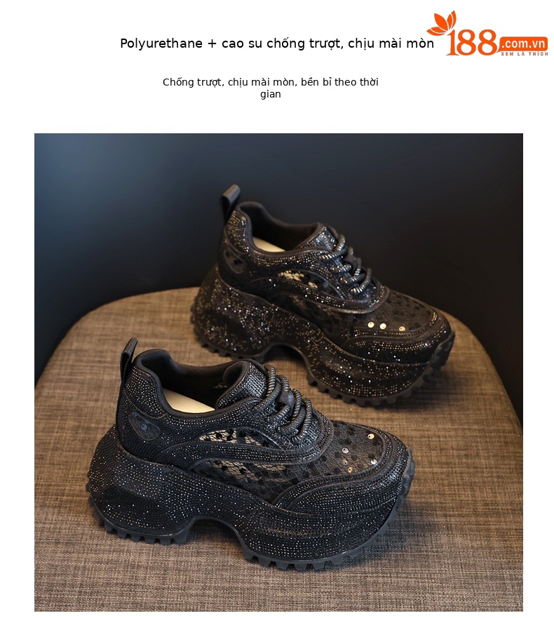 Giày sneaker nữ đế dày lưới thoáng khí đính đá full kim cương — Màu đen chi tiết 9