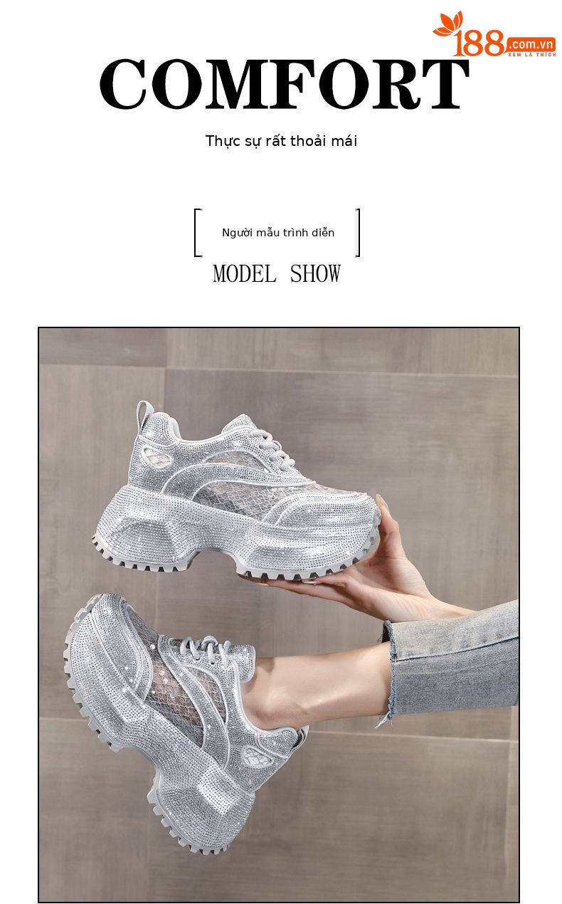 Giày sneaker nữ đế dày lưới thoáng khí đính đá full kim cương — Màu đen chi tiết 10