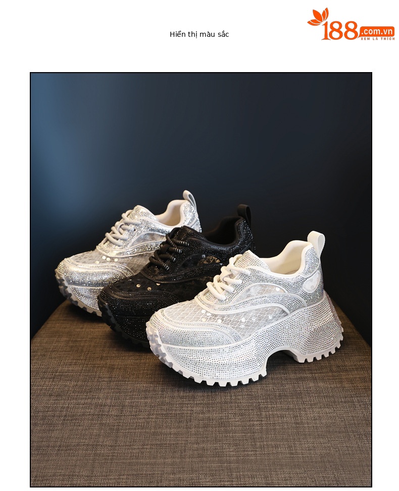 Giày sneaker nữ đế dày lưới thoáng khí đính đá full kim cương — Màu đen chi tiết 17