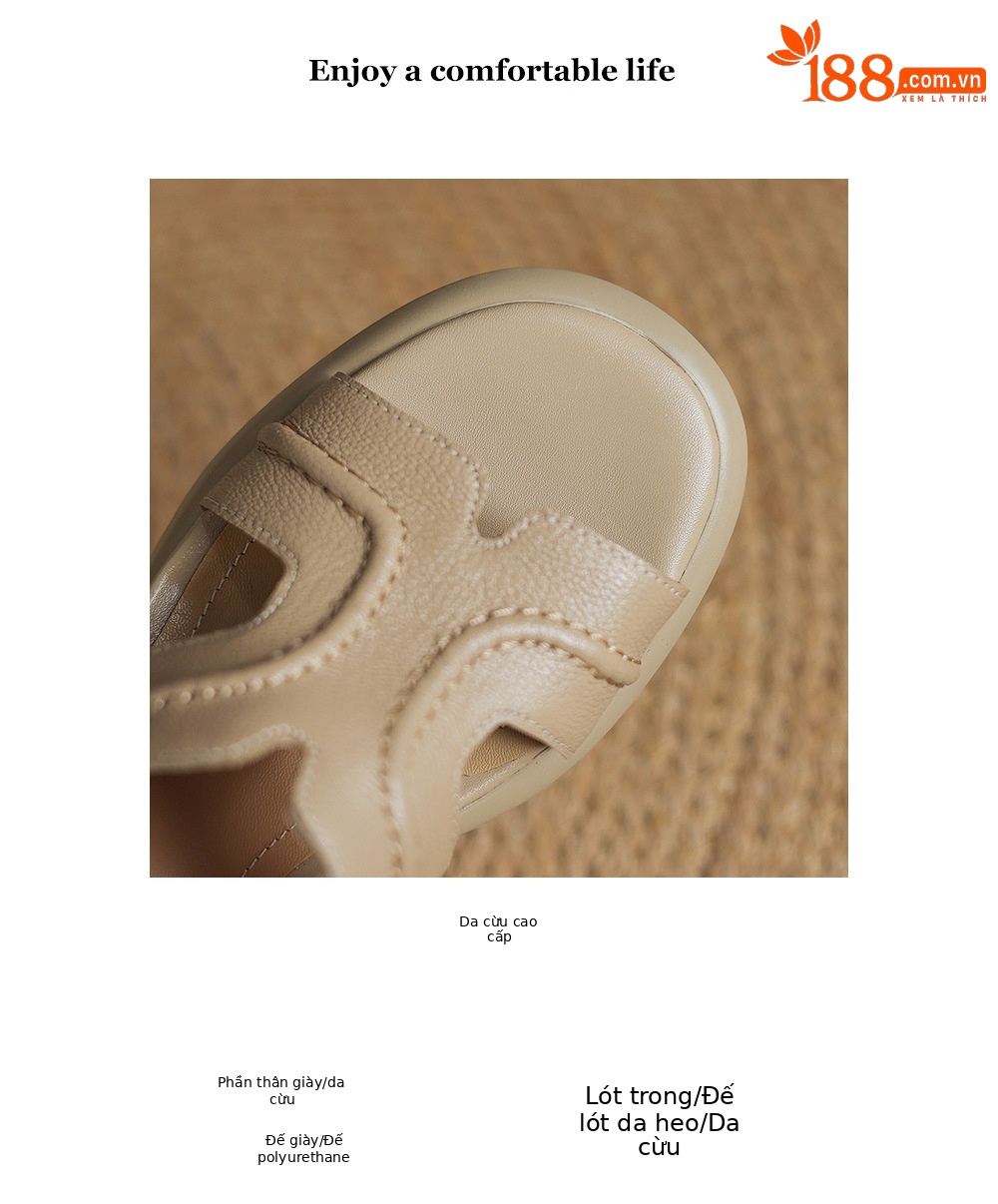 Dép sandal nữ da cừu hở ngón quai ngang gót 4,5 cm — Màu trắng be chi tiết 3