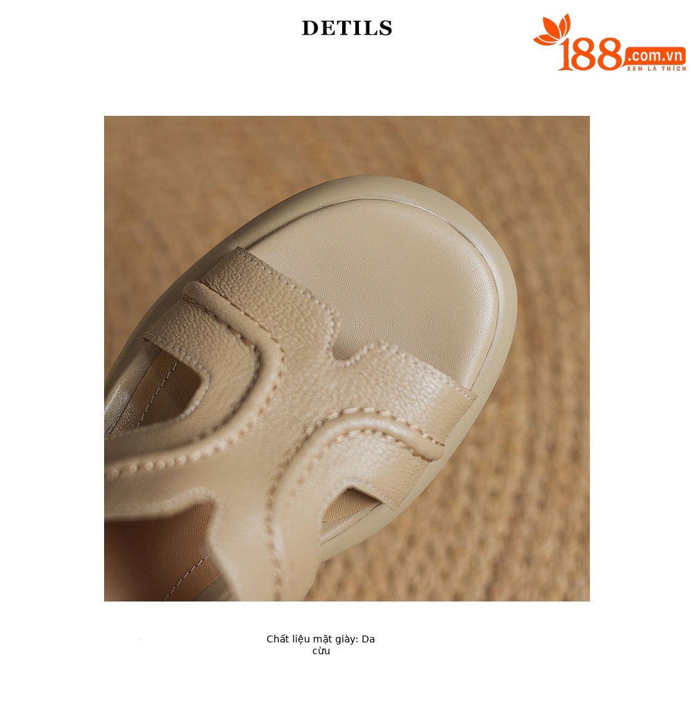 Dép sandal nữ da cừu hở ngón quai ngang gót 4,5 cm — Màu trắng be chi tiết 18