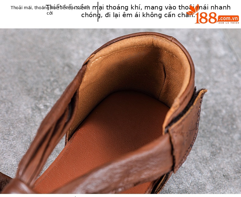 Dép bít mũi da bò thật đế mềm dệt tay phong cách La Mã — Màu nâu chi tiết 6