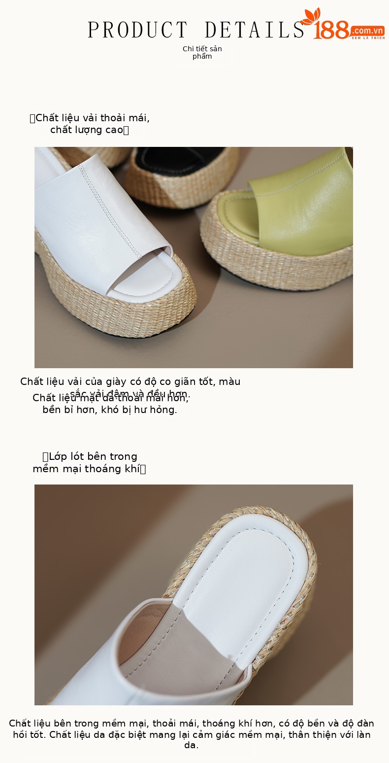 Dép nêm rơm nữ đế dày hở mũi quai ngang gót platform — màu be, đen, màu vàng chi tiết 7