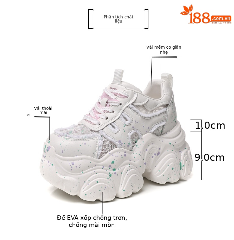 Giày sneaker nữ đế dày chunky lưới thoáng khí tăng chiều cao — Màu trắng chi tiết 3