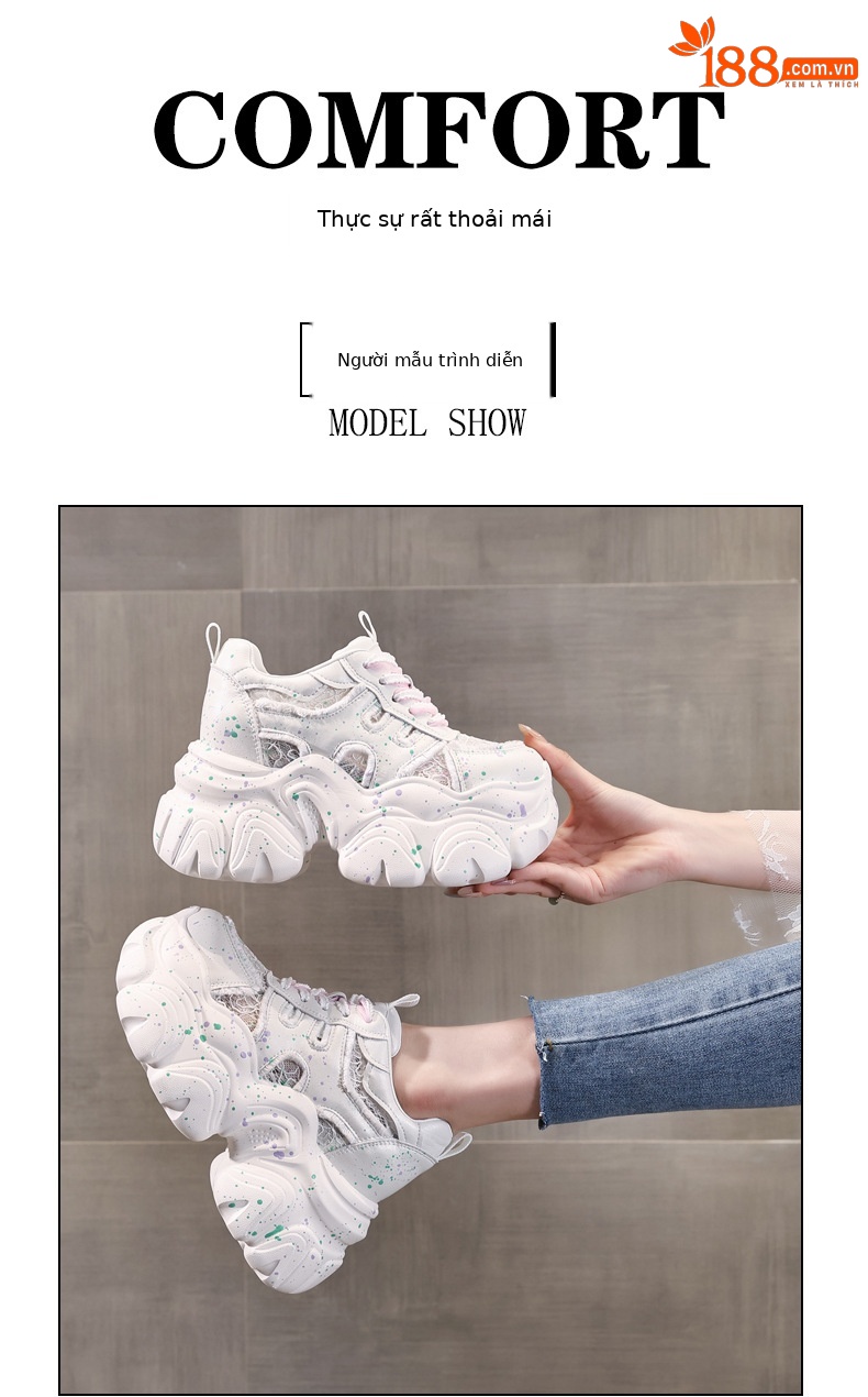 Giày sneaker nữ đế dày chunky lưới thoáng khí tăng chiều cao — Màu trắng chi tiết 11