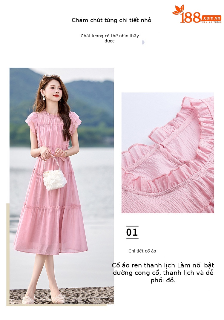 Váy liền suông midi che bụng thời trang hè 2025 dáng rộng khí chất LM6906 — Màu hồng, Màu trắng chi tiết 5