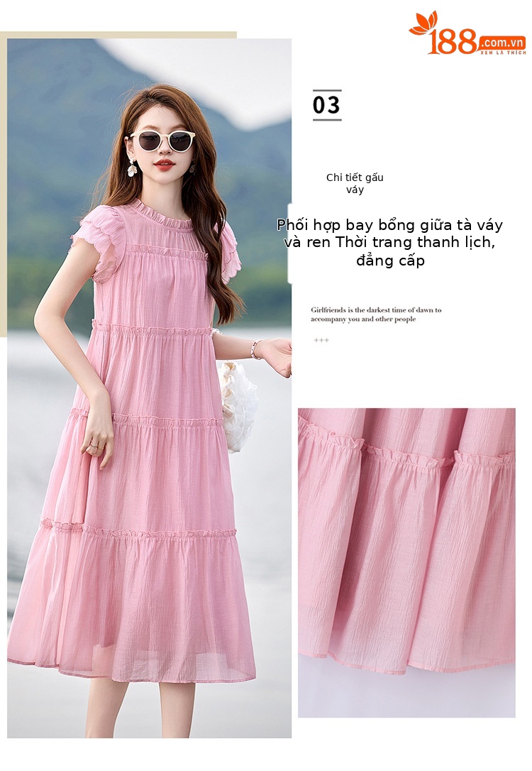 Váy liền suông midi che bụng thời trang hè 2025 dáng rộng khí chất LM6906 — Màu hồng, Màu trắng chi tiết 7
