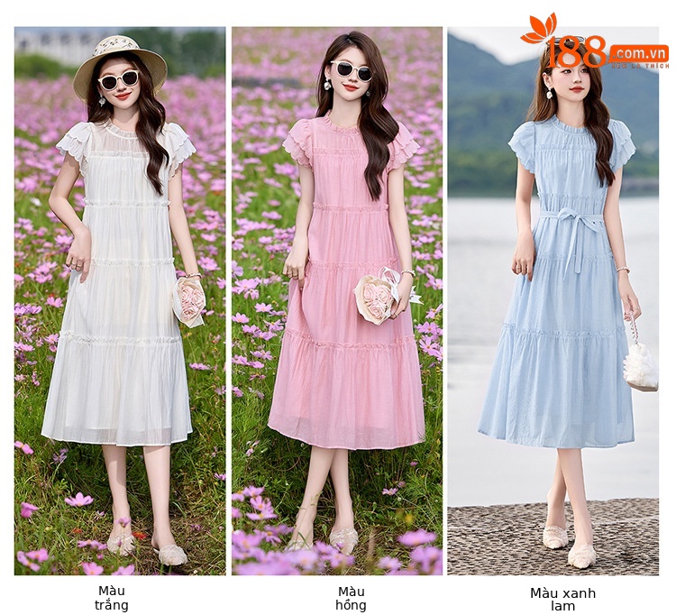 Váy liền suông midi che bụng thời trang hè 2025 dáng rộng khí chất LM6906 — Màu hồng, Màu trắng chi tiết 11