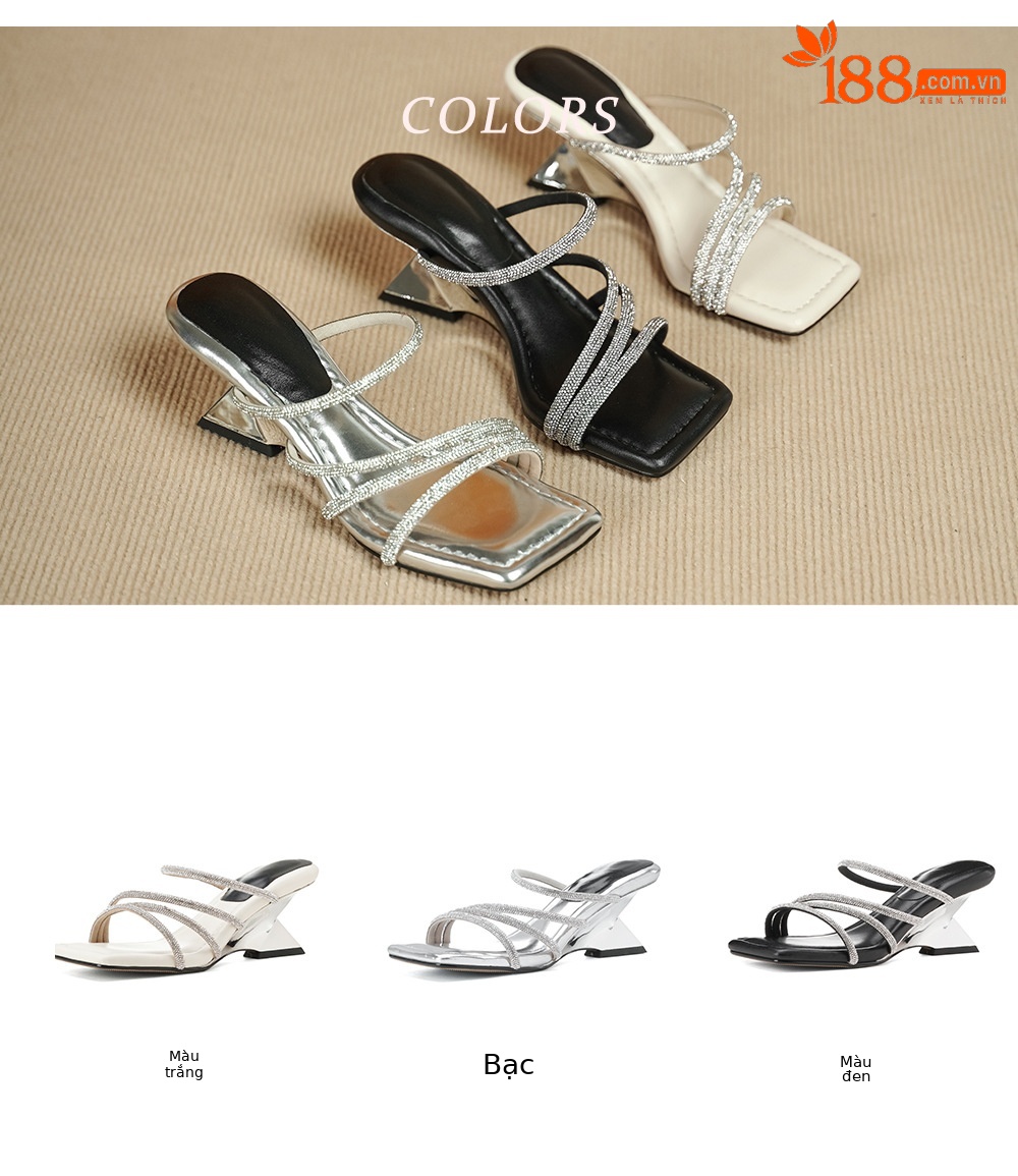 Dép sandal cao gót nữ quai ngang đính đá mũi vuông phong cách Pháp — đen, Màu trắng nhạt, bạc chi tiết 4