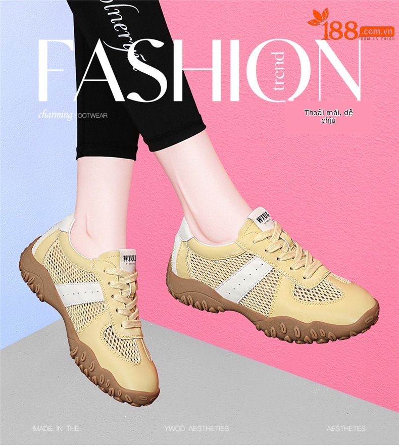 Giày sneaker nữ đế dày lưới da thật thoáng khí mùa hè 2025 phong cách Đức Huấn — Lưới JST 7233m màu, Lưới vàng JST 7233 chi tiết 1