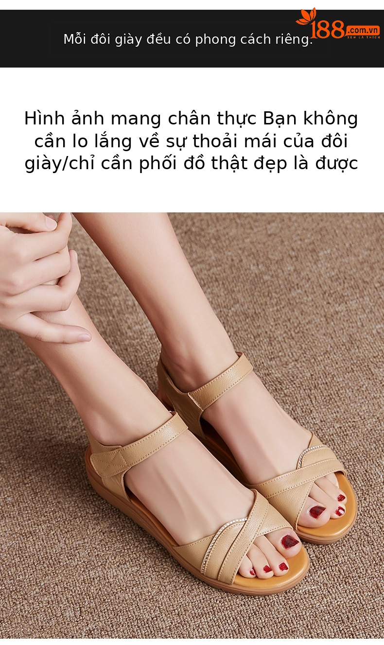 Dép sandal nữ đế bệt mềm, quai da, thoải mái cho người trung niên và cao tuổi — Đỏ rượu chi tiết 8