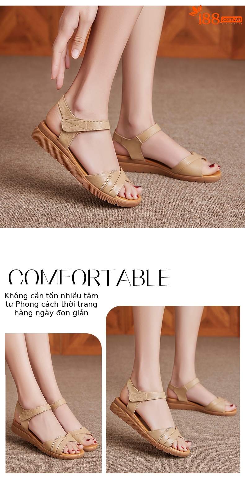Dép sandal nữ đế bệt mềm, quai da, thoải mái cho người trung niên và cao tuổi — Đỏ rượu chi tiết 9