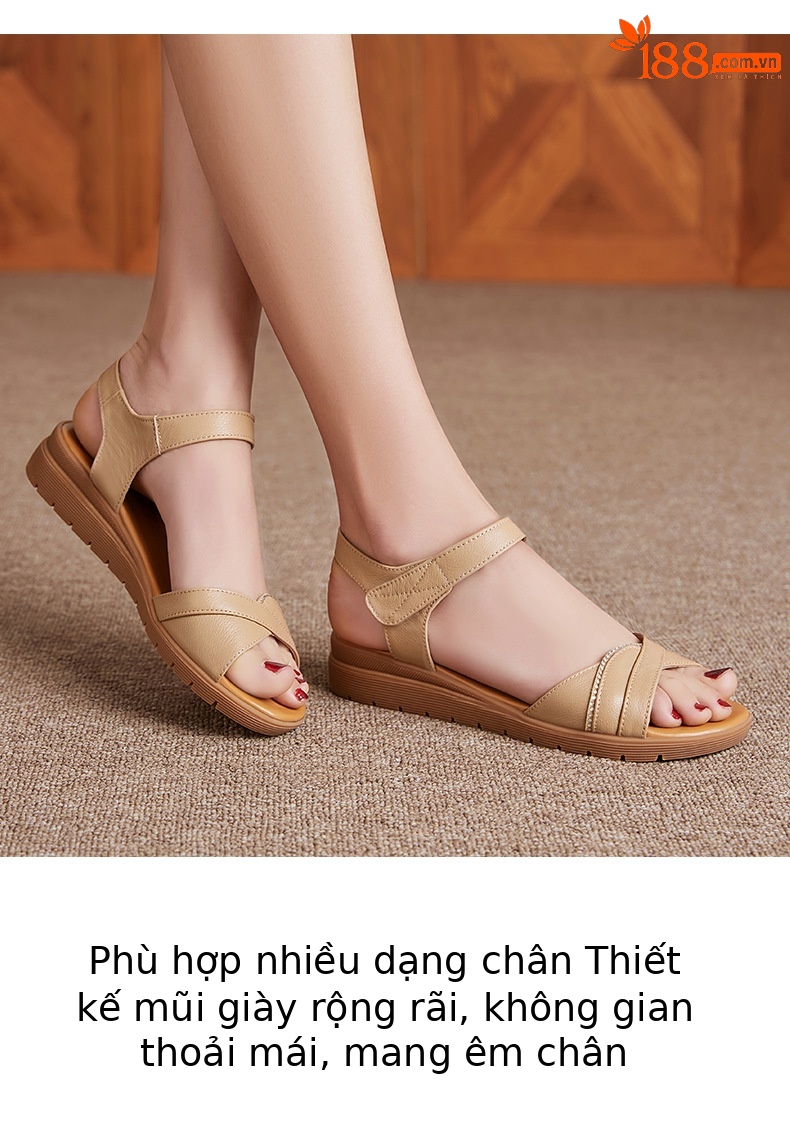 Dép sandal nữ đế bệt mềm, quai da, thoải mái cho người trung niên và cao tuổi — Đỏ rượu chi tiết 10