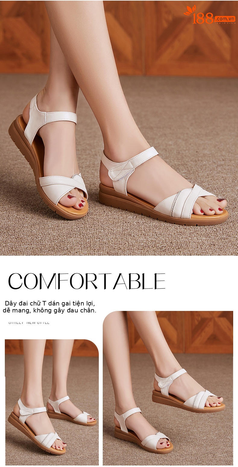 Dép sandal nữ đế bệt mềm, quai da, thoải mái cho người trung niên và cao tuổi — Đỏ rượu chi tiết 13