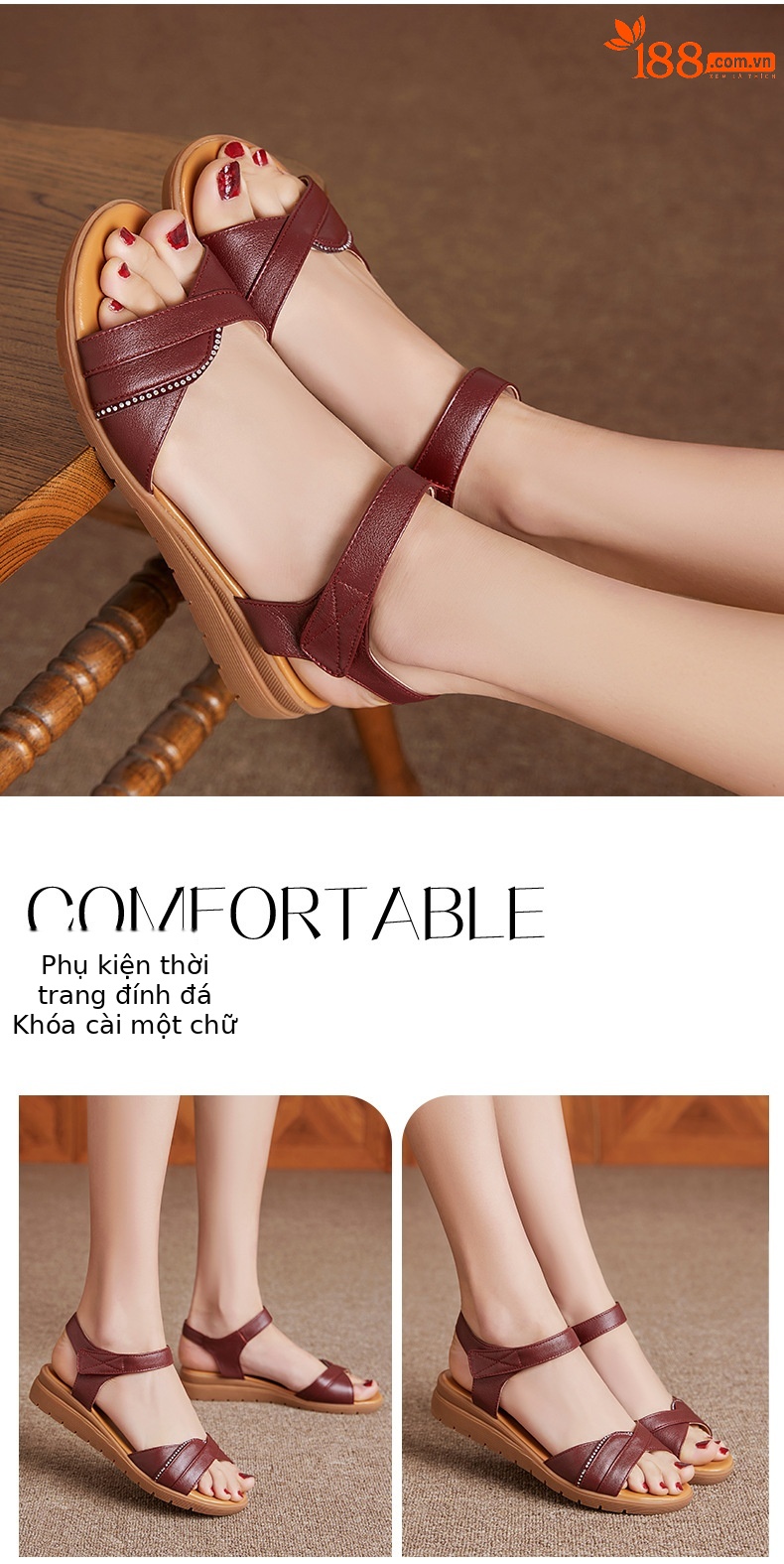 Dép sandal nữ đế bệt mềm, quai da, thoải mái cho người trung niên và cao tuổi — Đỏ rượu chi tiết 17