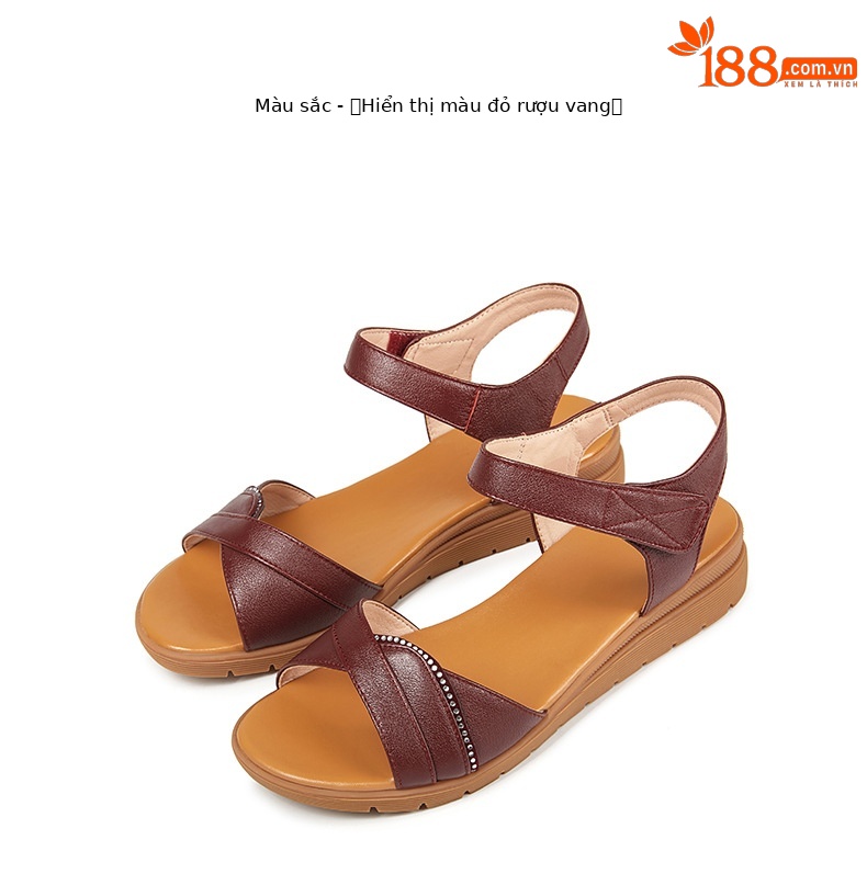 Dép sandal nữ đế bệt mềm, quai da, thoải mái cho người trung niên và cao tuổi — Đỏ rượu chi tiết 30