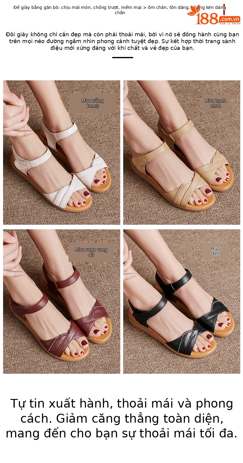 Dép sandal nữ đế bệt mềm, quai da, thoải mái cho người trung niên và cao tuổi — Đỏ rượu chi tiết 3