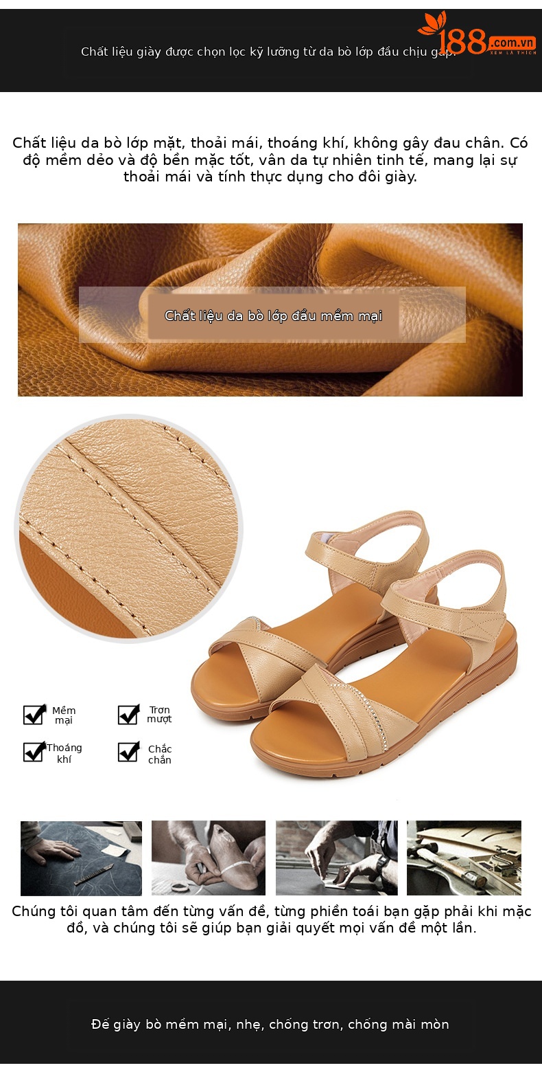 Dép sandal nữ đế bệt mềm, quai da, thoải mái cho người trung niên và cao tuổi — Đỏ rượu chi tiết 4
