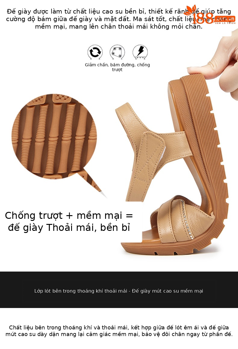 Dép sandal nữ đế bệt mềm, quai da, thoải mái cho người trung niên và cao tuổi — Đỏ rượu chi tiết 5