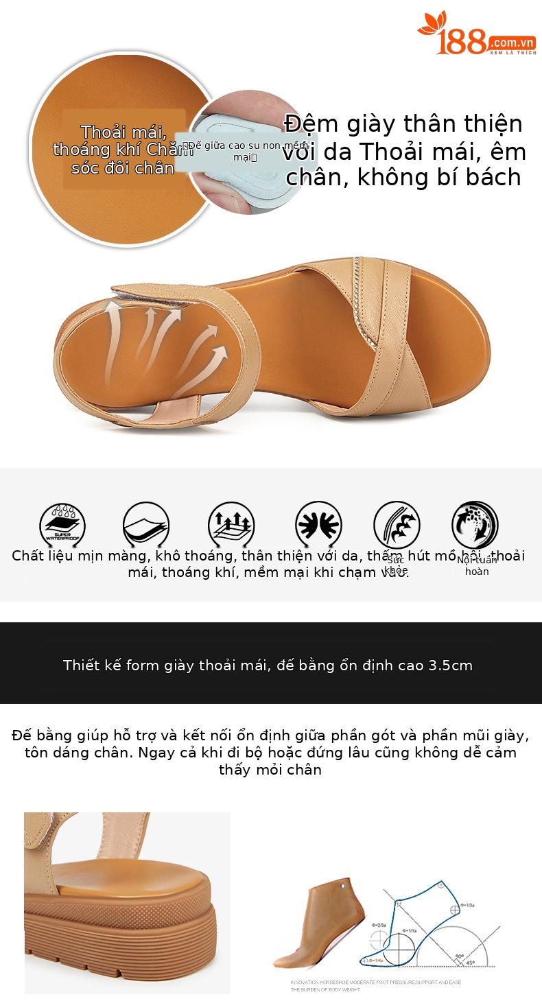 Dép sandal nữ đế bệt mềm, quai da, thoải mái cho người trung niên và cao tuổi — Đỏ rượu chi tiết 6