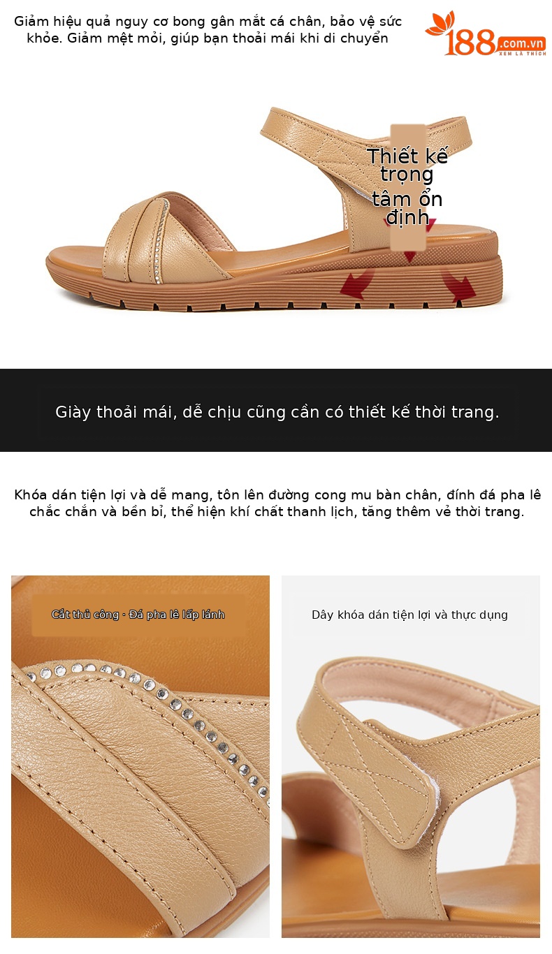 Dép sandal nữ đế bệt mềm, quai da, thoải mái cho người trung niên và cao tuổi — Đỏ rượu chi tiết 7