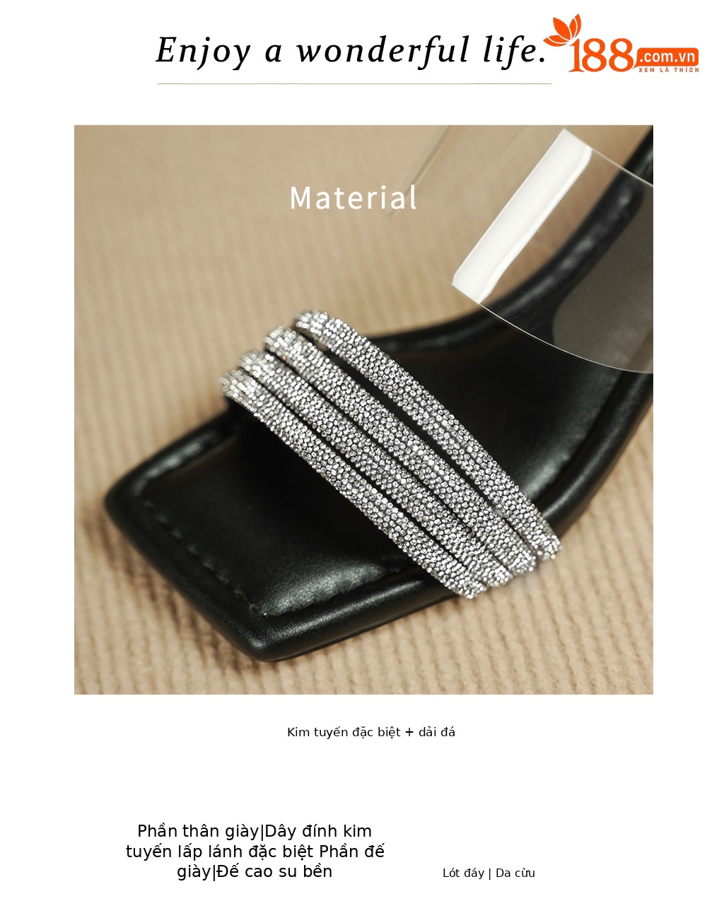 Sandal cao gót nữ mũi vuông đính đá, quai ngang trong suốt, gót 6 cm — đen chi tiết 2