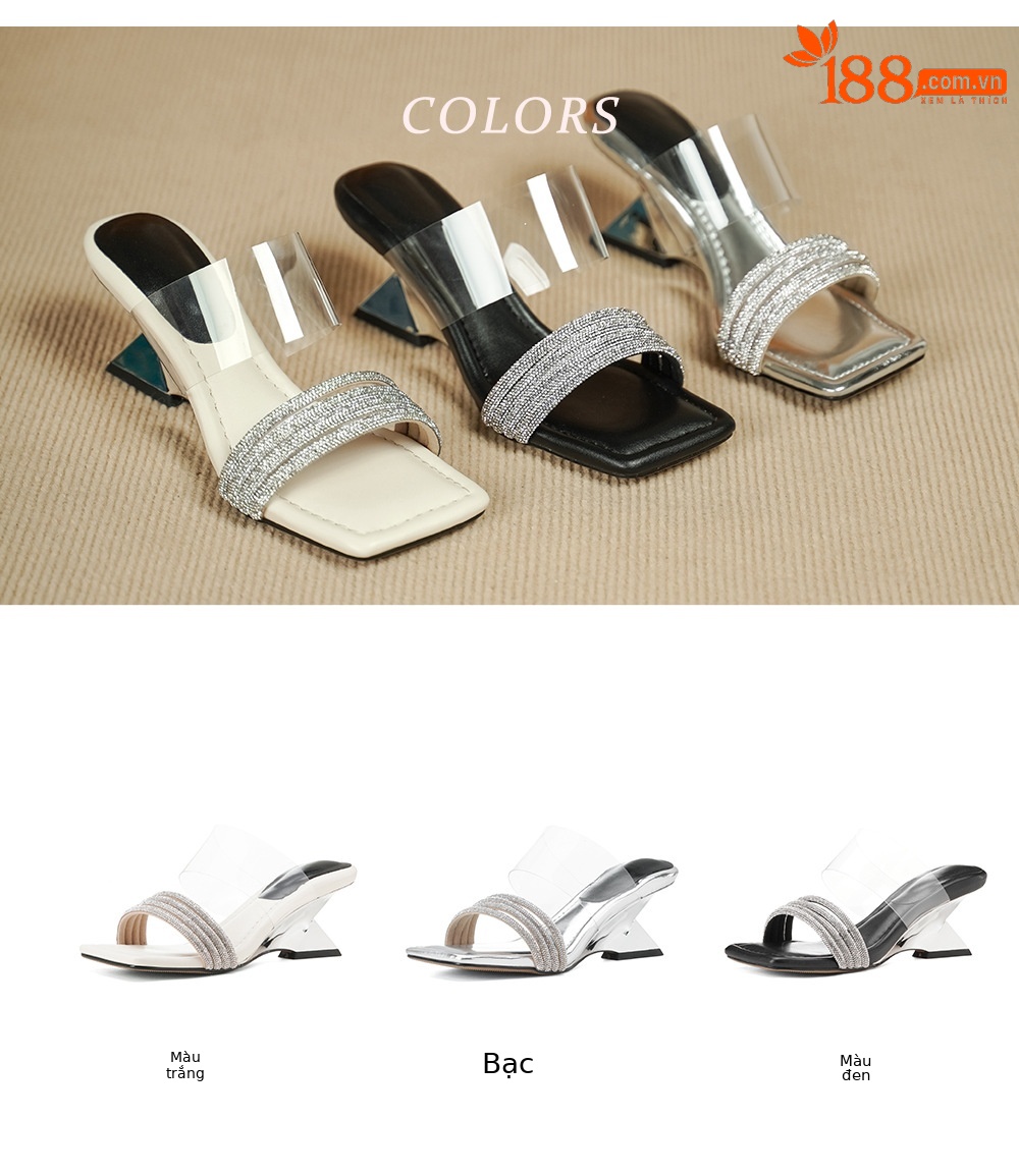 Sandal cao gót nữ mũi vuông đính đá, quai ngang trong suốt, gót 6 cm — đen chi tiết 4