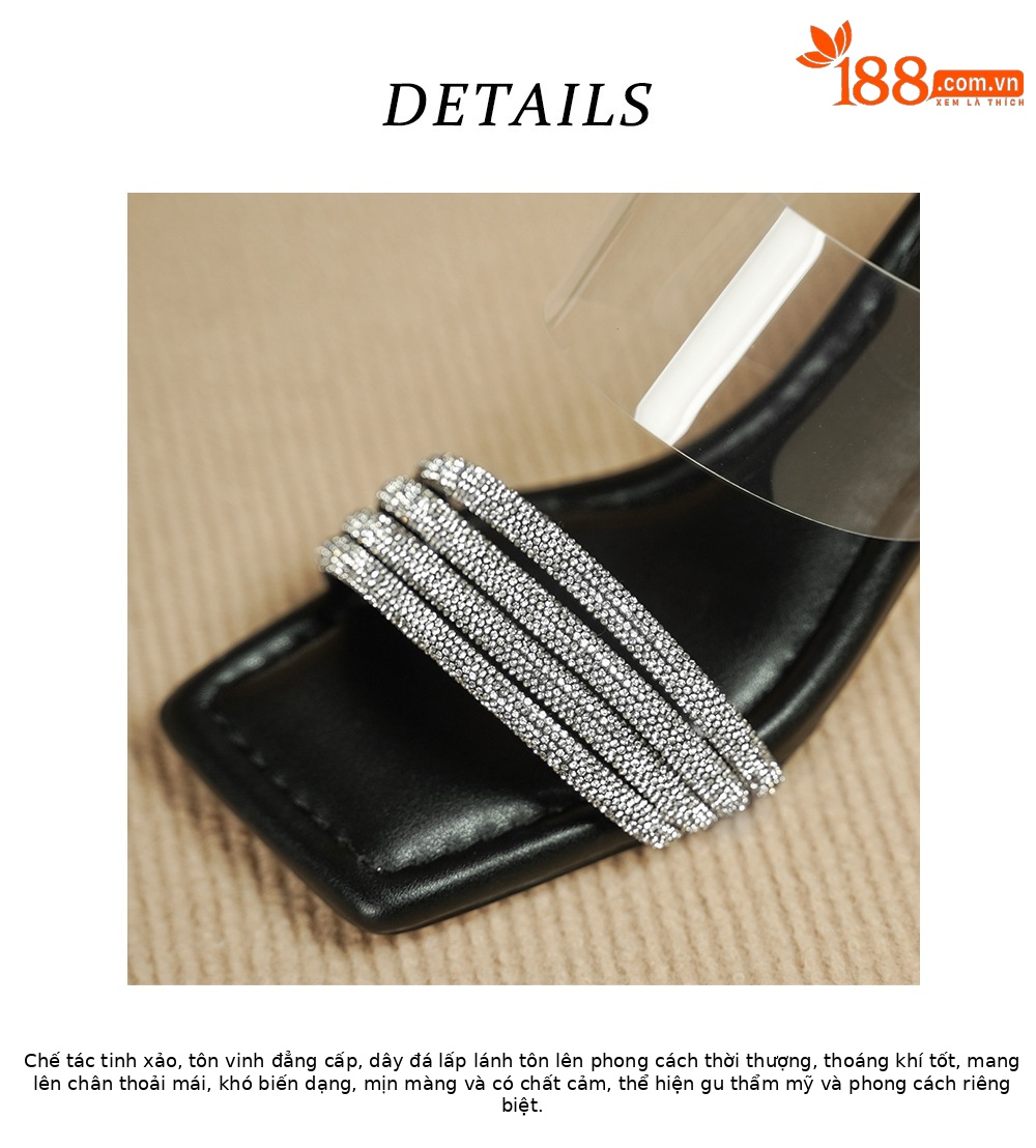 Sandal cao gót nữ mũi vuông đính đá, quai ngang trong suốt, gót 6 cm — đen chi tiết 16