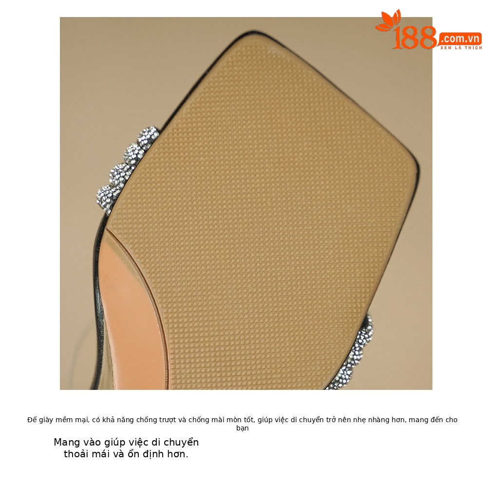 Sandal cao gót nữ mũi vuông đính đá, quai ngang trong suốt, gót 6 cm — đen chi tiết 19
