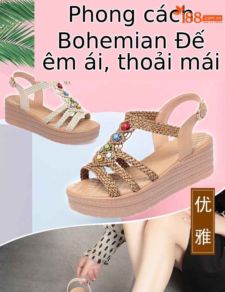 Sandal nữ cao gót đế dày phong cách bohemian quai ngang — màu be chi tiết 1