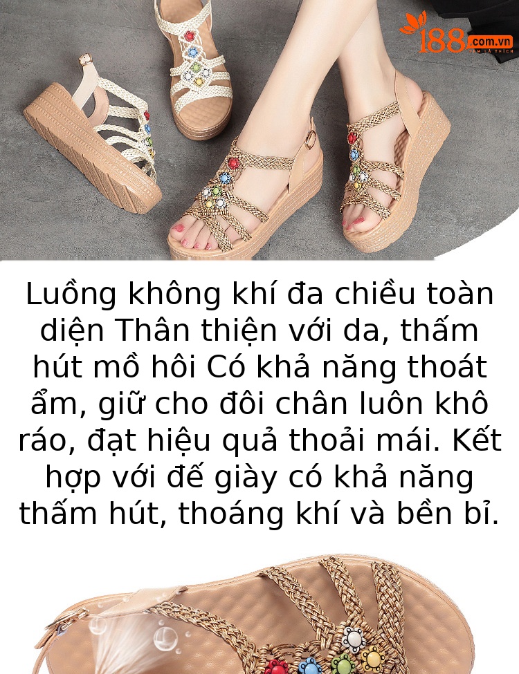 Sandal nữ cao gót đế dày phong cách bohemian quai ngang — màu be chi tiết 2