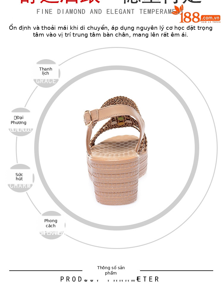 Sandal nữ cao gót đế dày phong cách bohemian quai ngang — màu be chi tiết 6