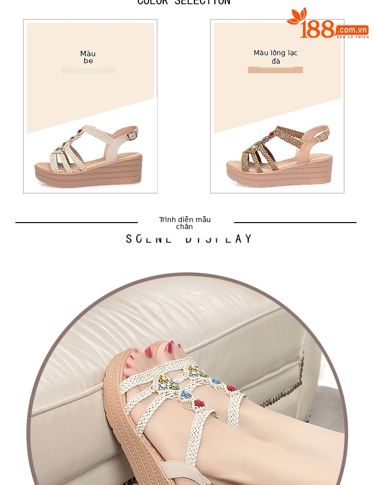 Sandal nữ cao gót đế dày phong cách bohemian quai ngang — màu be chi tiết 7