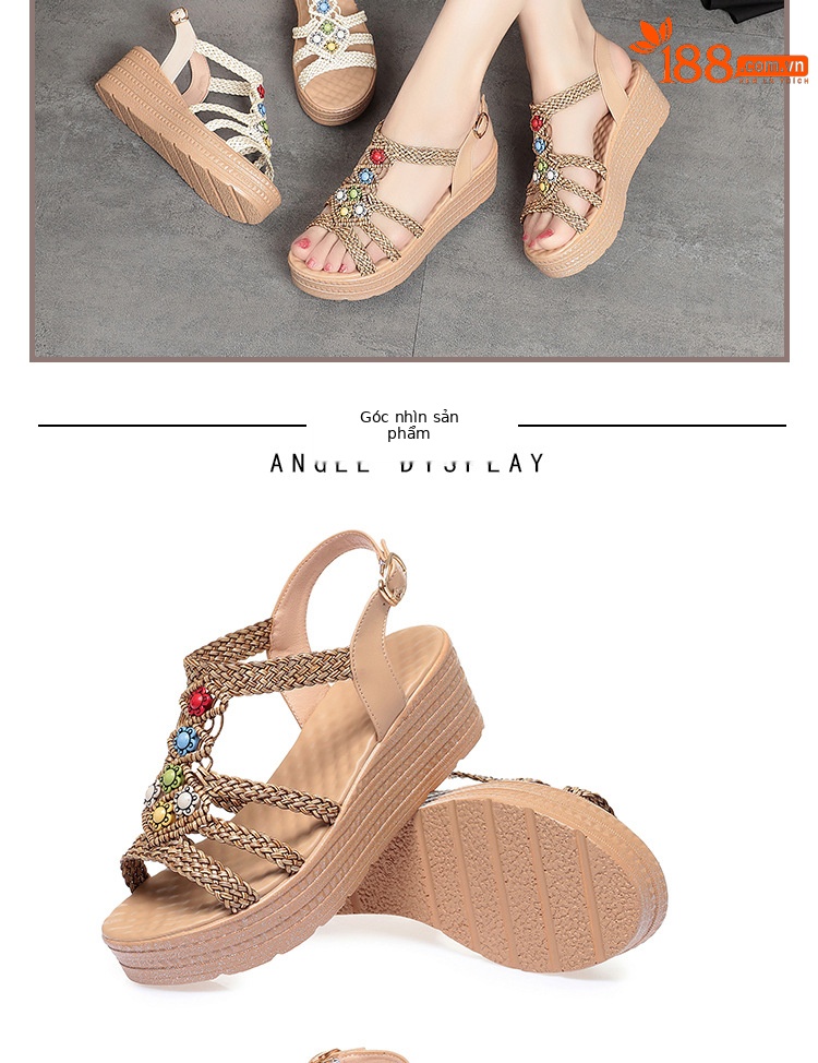 Sandal nữ cao gót đế dày phong cách bohemian quai ngang — màu be chi tiết 14