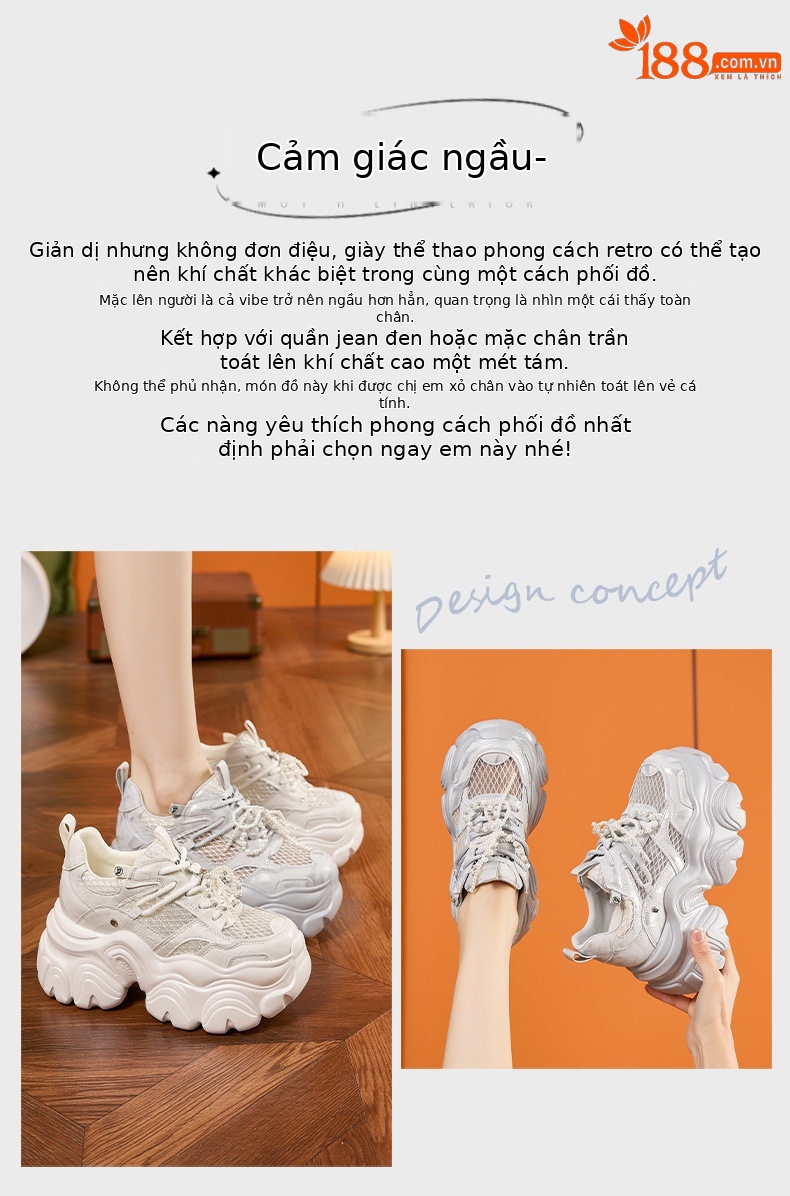 Giày sneaker nữ chunky đế dày thoáng khí mùa hè — Bạc, Trắng chi tiết 4