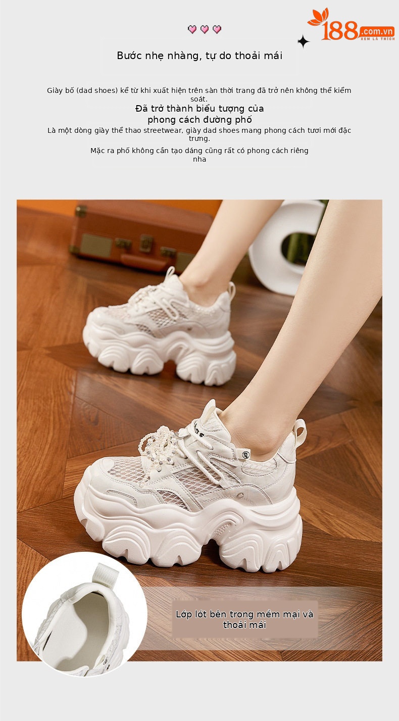 Giày sneaker nữ chunky đế dày thoáng khí mùa hè — Bạc, Trắng chi tiết 5