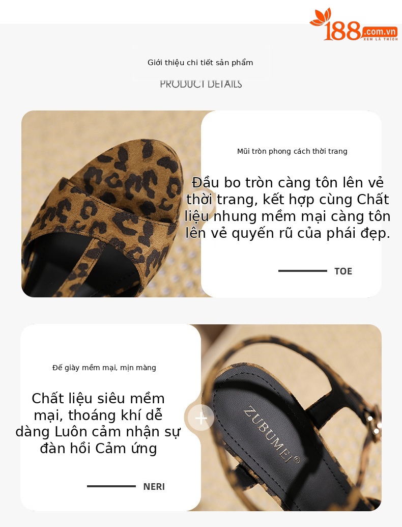Giày sandal cao gót nữ quai chữ T họa tiết da báo — nhung đen chi tiết 1