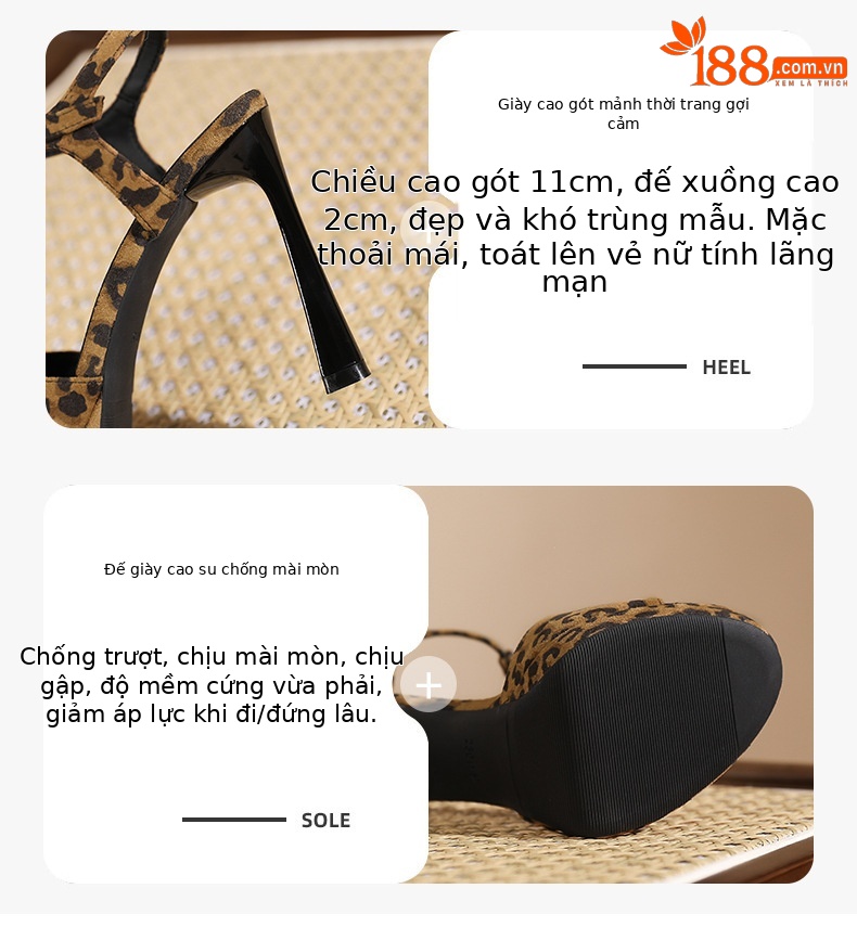 Giày sandal cao gót nữ quai chữ T họa tiết da báo — nhung đen chi tiết 2