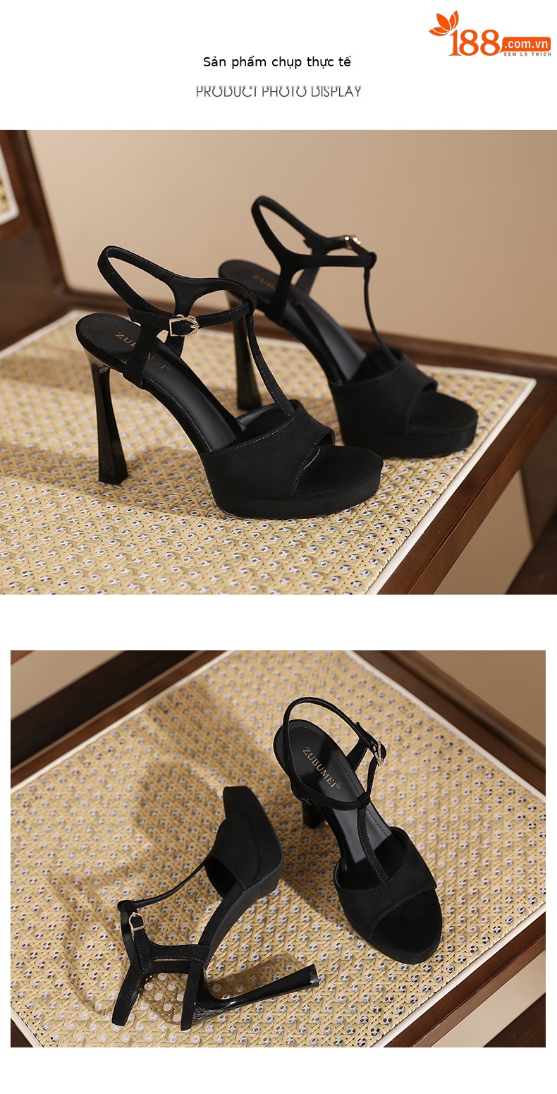 Giày sandal cao gót nữ quai chữ T họa tiết da báo — nhung đen chi tiết 7