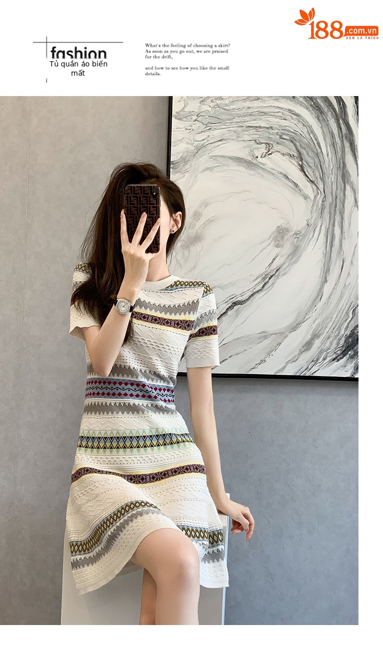 Váy dệt kim ngắn tay phong cách nữ thần sang trọng — màu xanh chi tiết 14