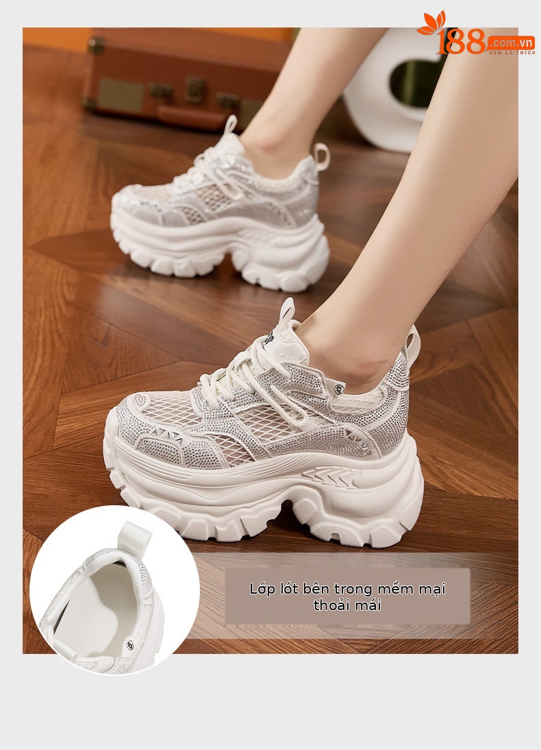 Sneaker nữ chunky đế dày rhinestone mũi tròn dây buộc — Trắng, Bạc, Đen chi tiết 5