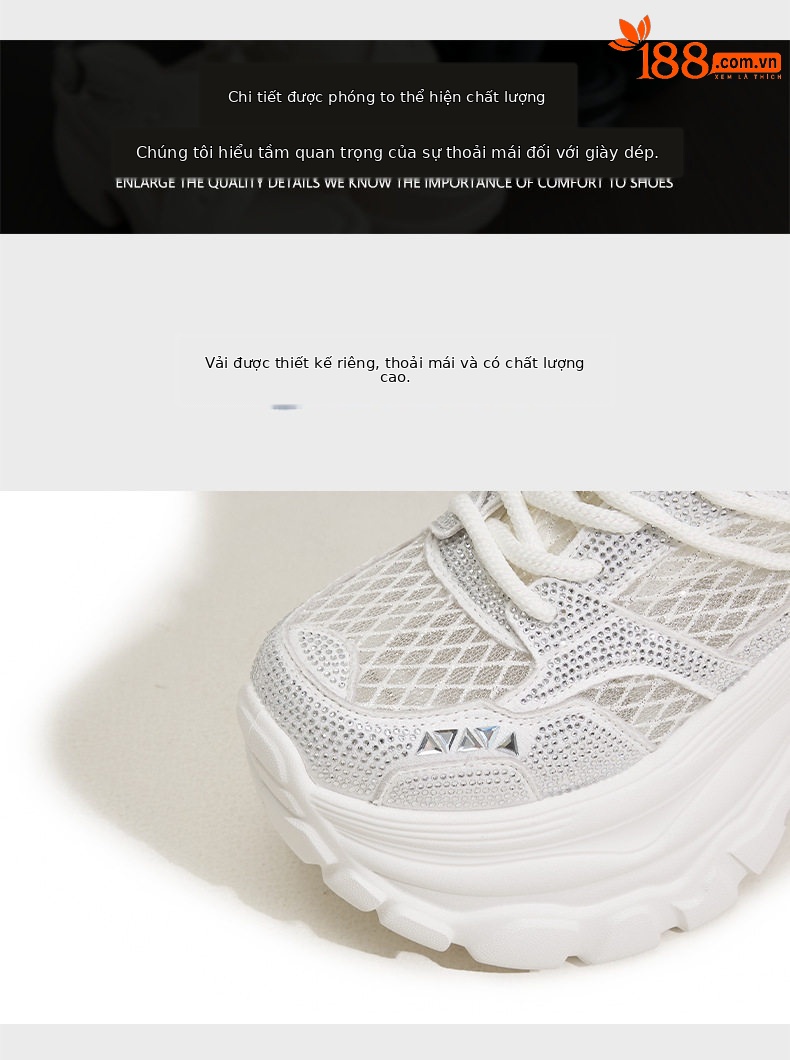 Sneaker nữ chunky đế dày rhinestone mũi tròn dây buộc — Trắng, Bạc, Đen chi tiết 6