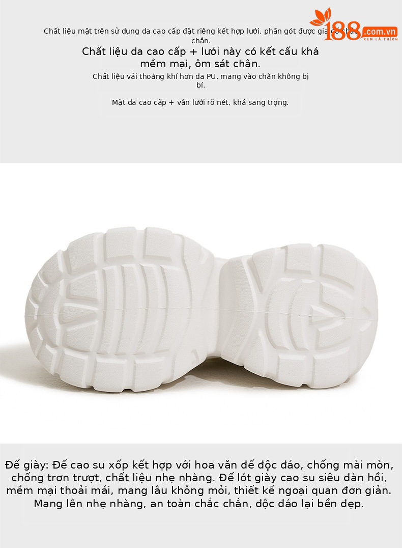 Sneaker nữ chunky đế dày rhinestone mũi tròn dây buộc — Trắng, Bạc, Đen chi tiết 7