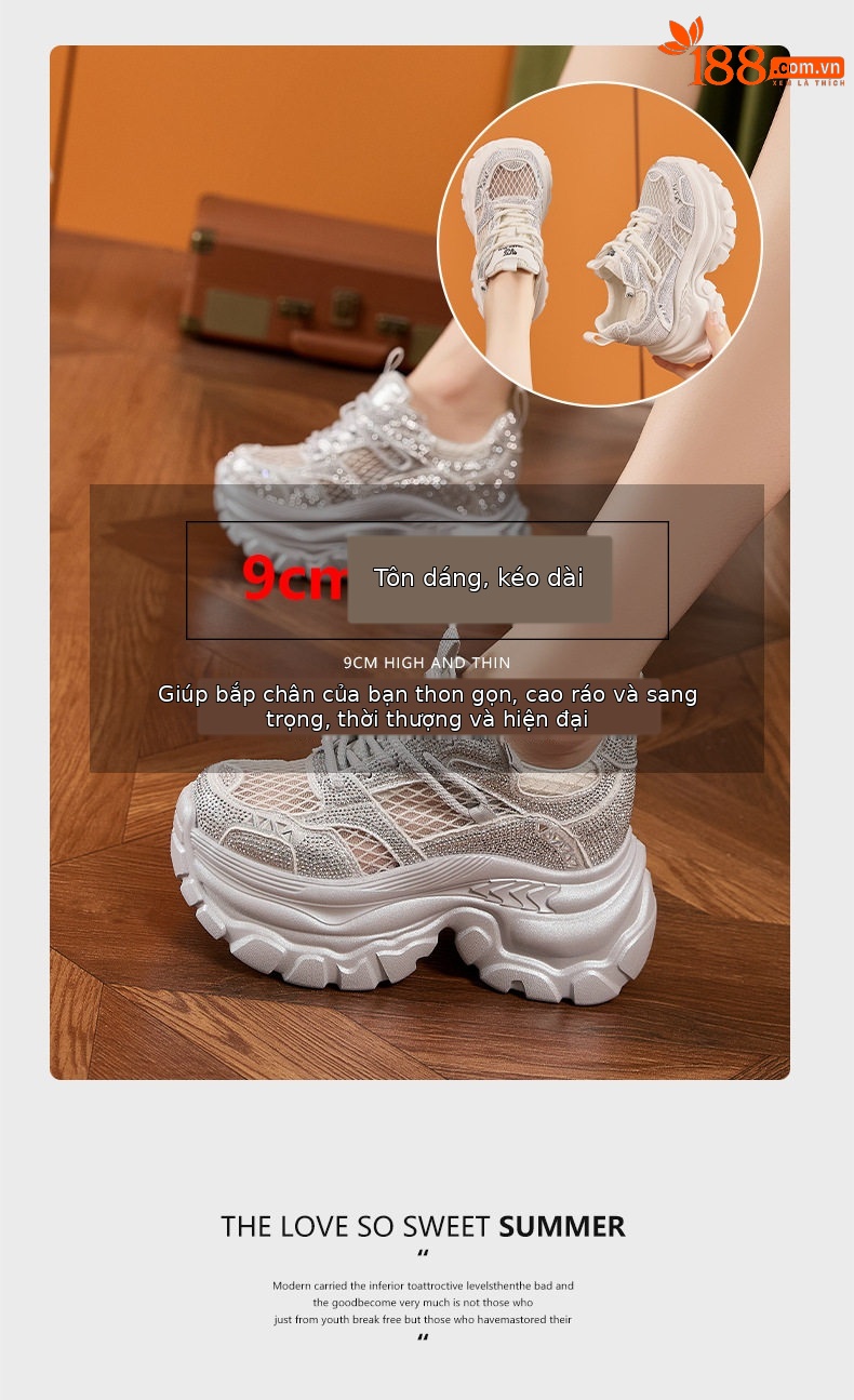 Sneaker nữ chunky đế dày rhinestone mũi tròn dây buộc — Trắng, Bạc, Đen chi tiết 9
